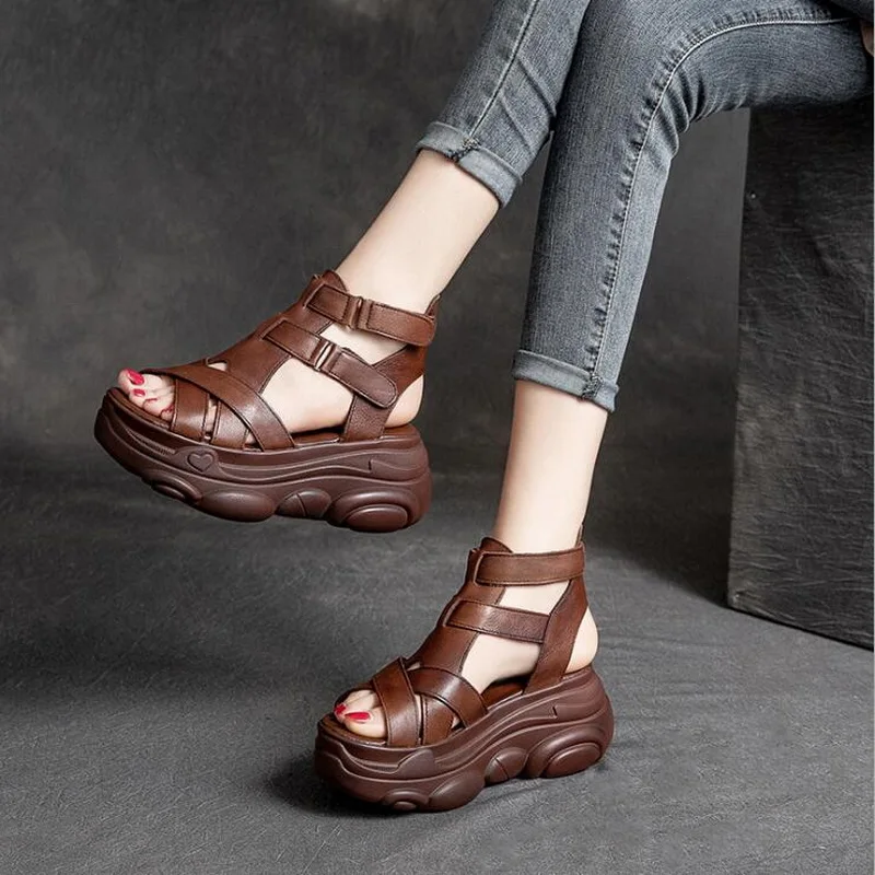 Roman-style comfortable sloping heels for women with high toe layer of cowhile-leather retro chunky rocking sandals