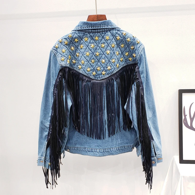 Denim Women Jacket 2023 Autumn New Spring Vintage Star Rivet Suede Fringe Loose Coat Long Sleeve Outerwear Female Boho Jacket