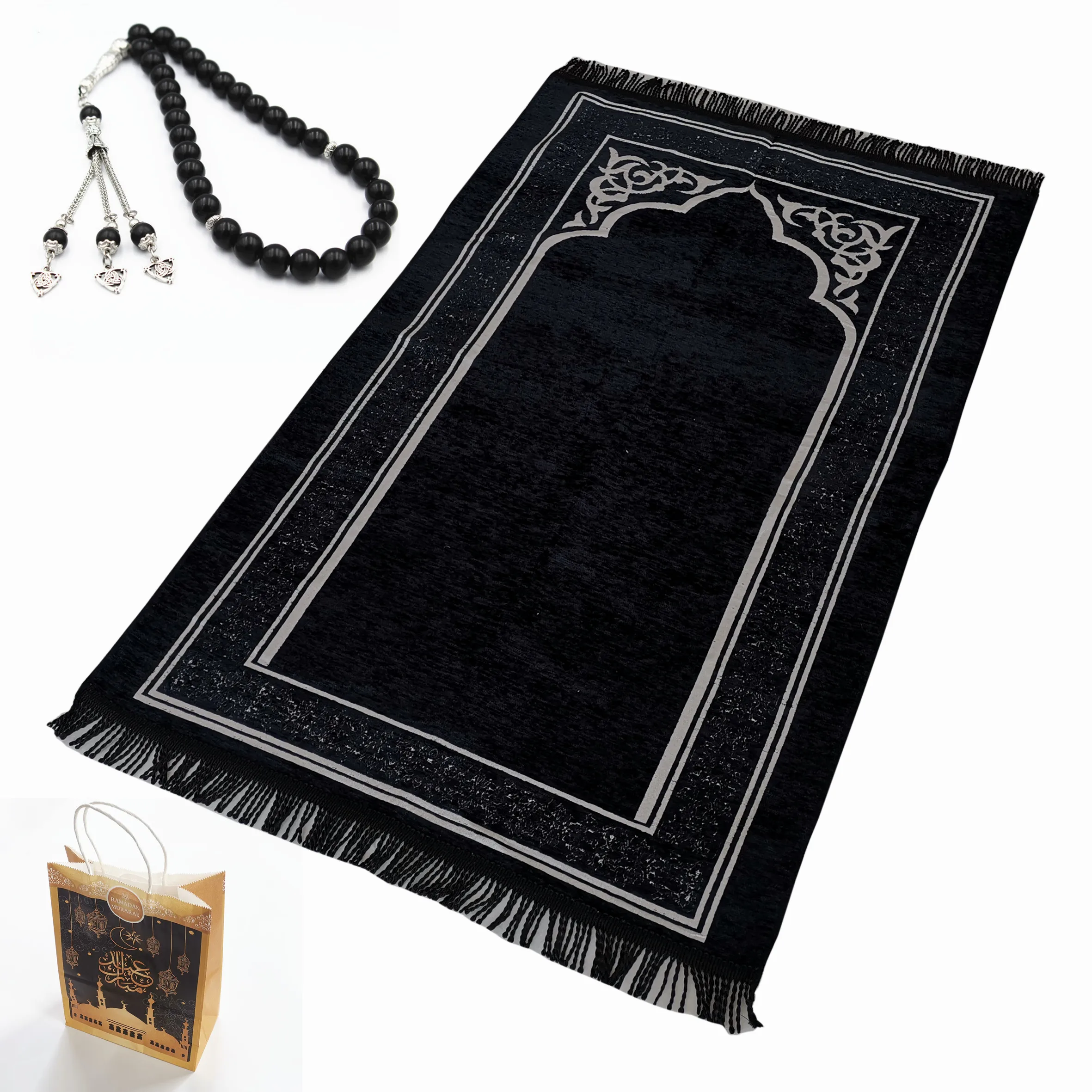 Muslim Prayer Rug Crystal Islamic Beads Set with Paper Bag Perfect Ramadan Eid Gifts