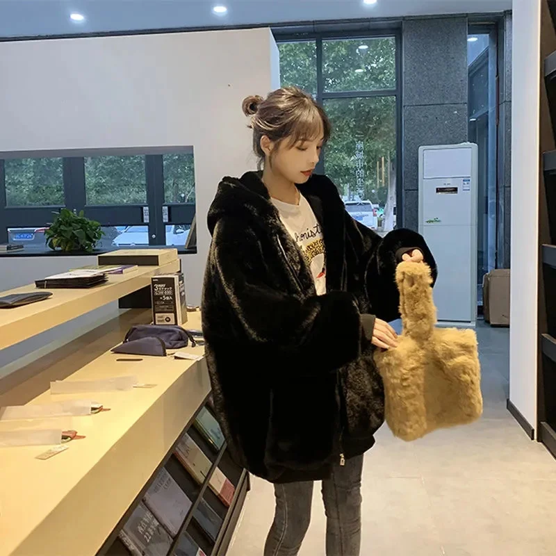 Women Mid-Length Imitation Rabbit Fur Imitation Fur Thick Hooded Coat Winter Female New Loose Korean Thin Plush Jacket A1007