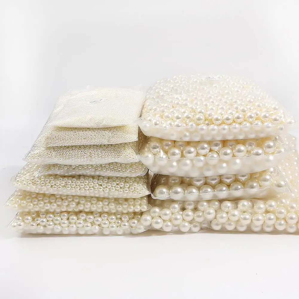 DIY No Hole Ivory Round ABS Acrylic Pearl Imitation Plastic Pearl Loose Beads Jewelry Findingsa