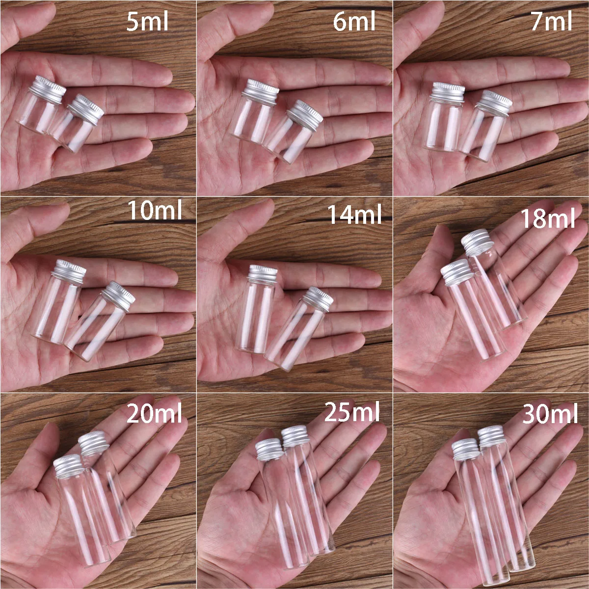 10 pieces 5ml/6ml/7ml/10ml/14ml/18ml/20ml/25ml/30ml Glass Bottles with Aluminium Lids Small Mini Glass Jars 9 Sizes U-pick