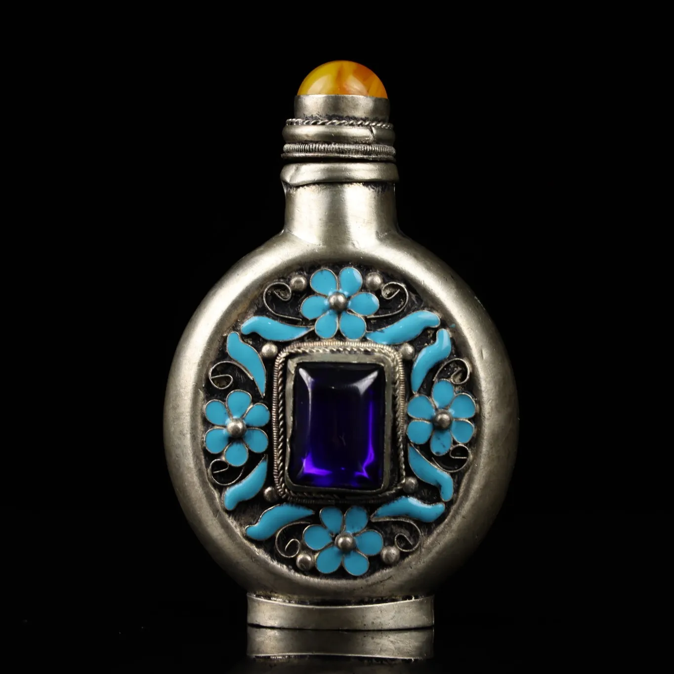 

5"Tibetan Temple Collection Old Tibetan Silver Mosaic Blue Gem Cloisonne Snuff Bottle Office Ornaments Town House Exorcism