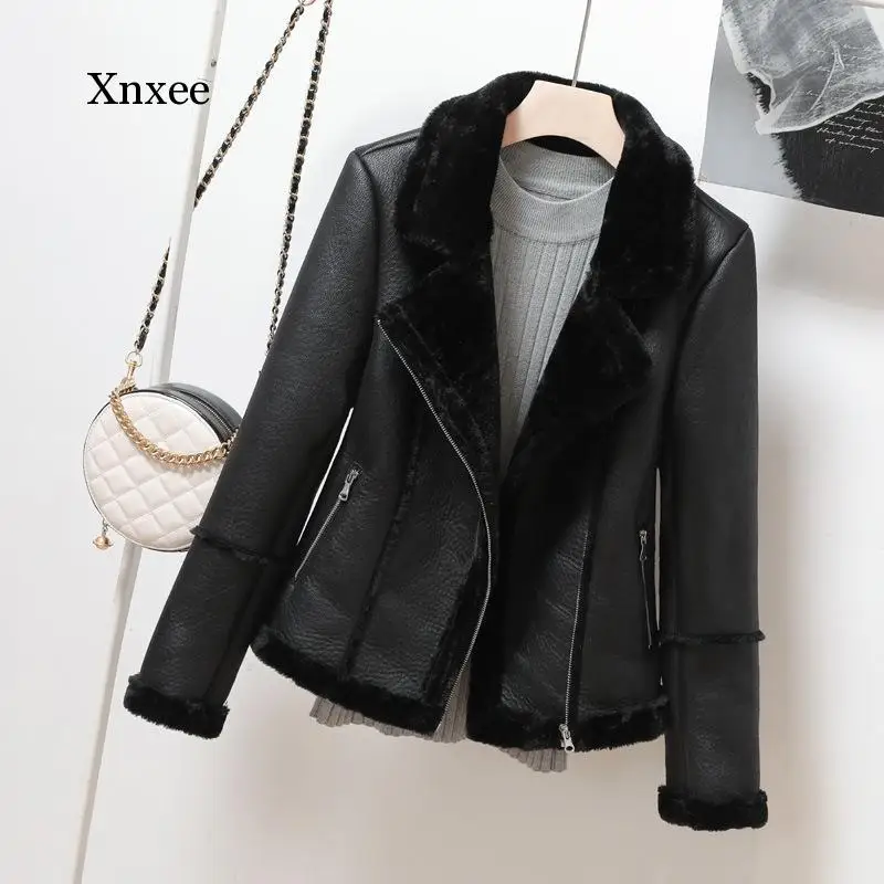 2020 New Winter Faux Shearling Sheepskin Coats Women Thick Warm Pu Faux Lamb Leather Jacket Black Motorcycle Female Overcoat Top