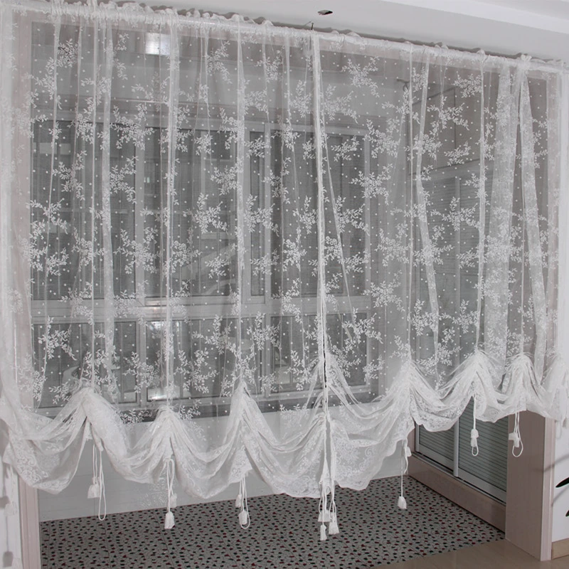 Roman Balloon Curtain Partition White Lace Gauze Floral Drawstring Pull Valance for Living Room Bedroom Rod Pocket Style