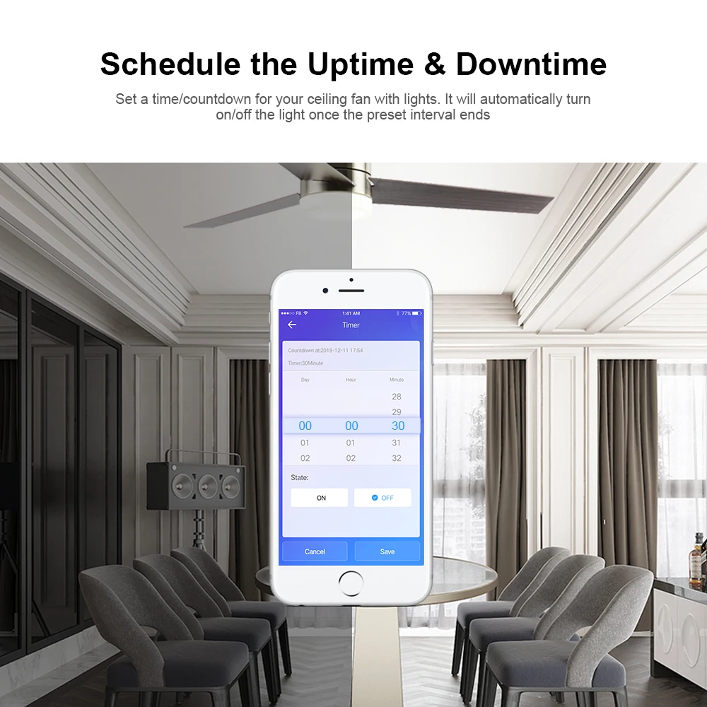 مروحة سقف ووحدة تحكم بإضاءة ، واي فاي ، ـ ، من من من خلال V ، تطبيق eWeLink ، مع جهاز تحكم عن بعد RF ، تعمل مع Alexa ، المنزل الذكي