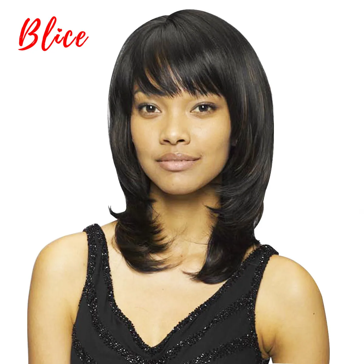 Blice For Women Synthetic Wigs Medium 10 Inch Wavy Wig Pure Black Color 1# With Skin-Top Right-Side Bang  Heat Resistant