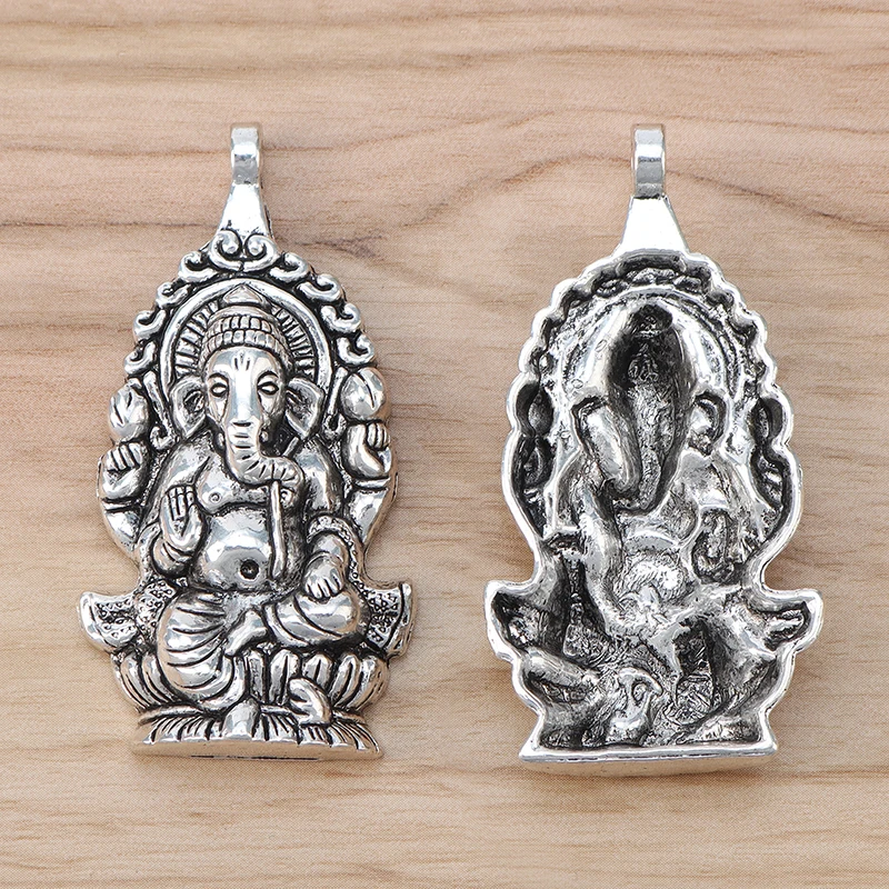 2 Pieces Tibetan Silver Large Ganesha Elephant God of Beginnings Charms Pendants for Necklace Jewellery Making 62x32mm