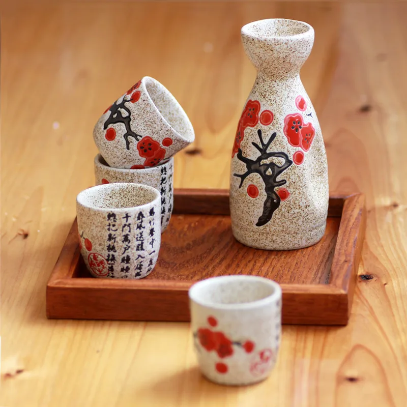 Vintage Ceramic Sake Pot Cups Set Characters Poem Japanese Cuisine Sake Bottle Spirit Pot Set with Cups