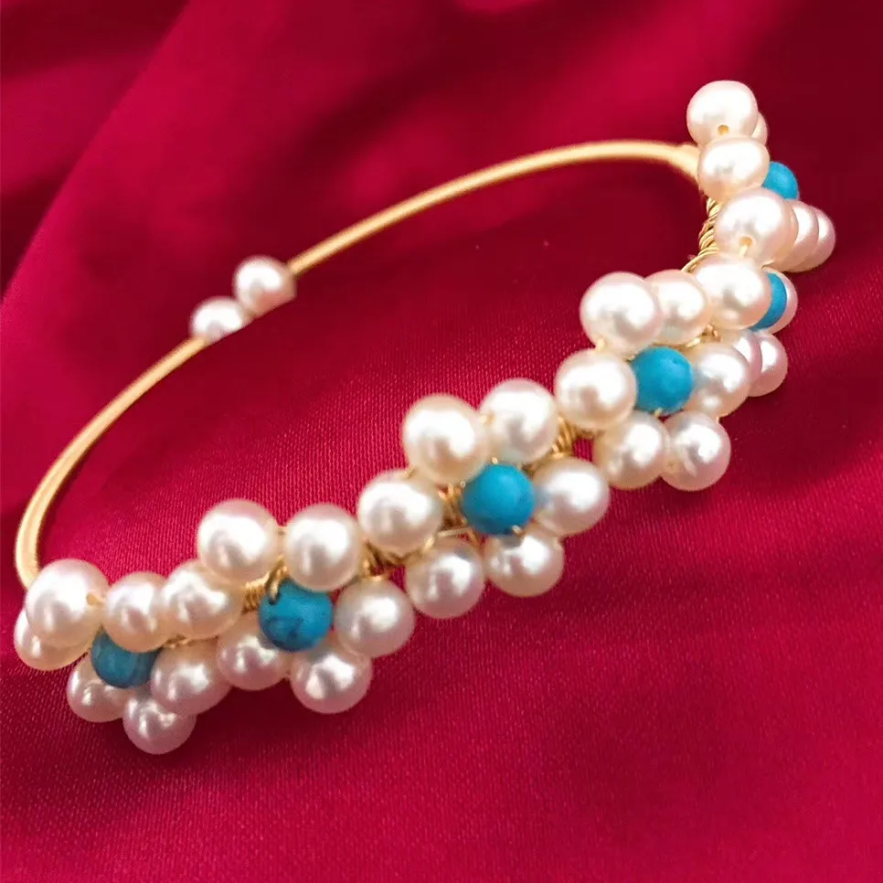 Girl gift blue turquoise women high luster natural real pearl freshwater gold filled wrap handmade stretch bracelet