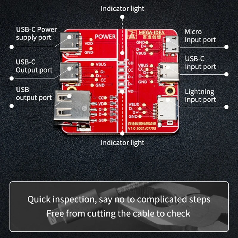 MEGA-IDEA Data Line Continuity Detection Board Fixture For IPHONE/Type-C/Android Quick Cable Test Data Flex Continuity Detection
