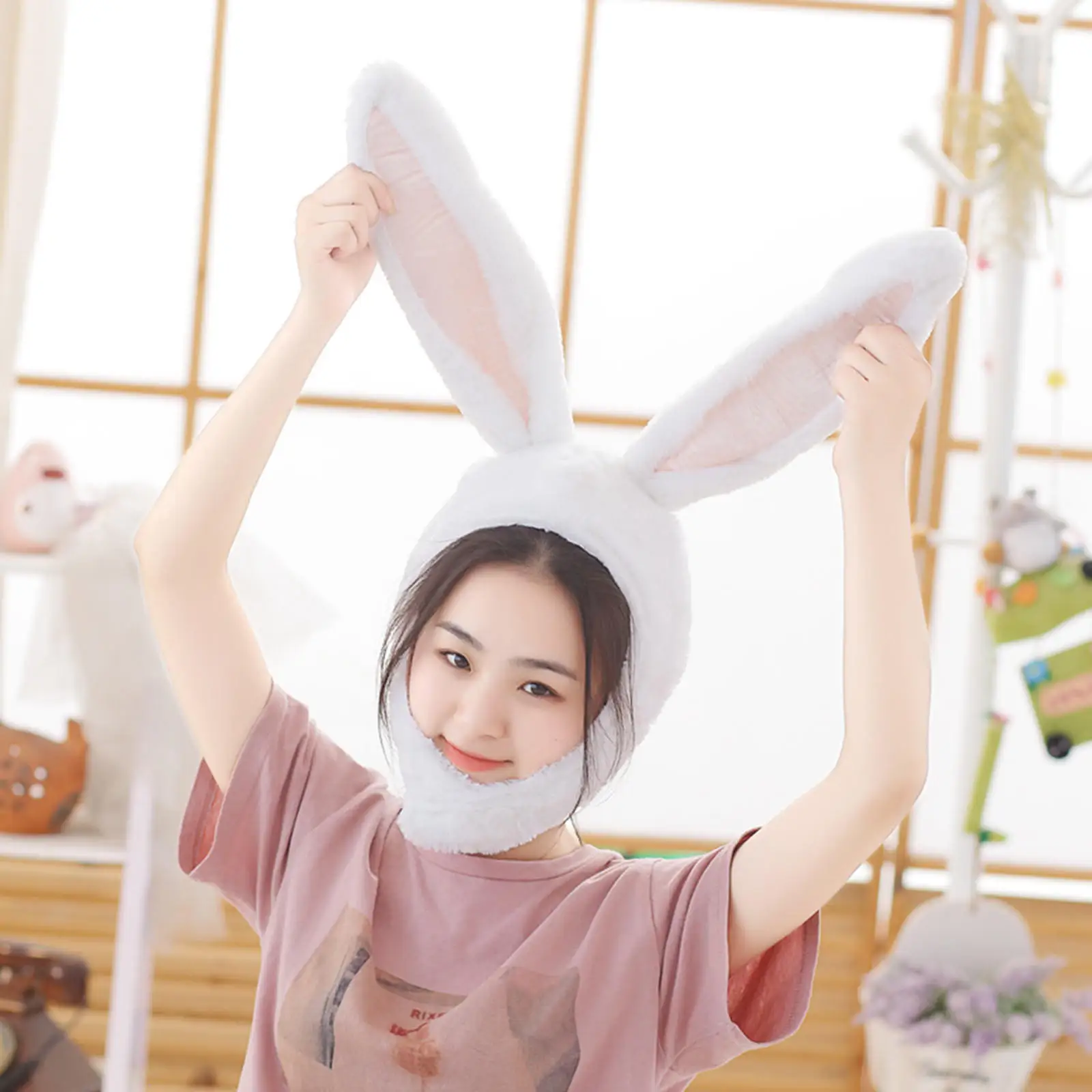 Cute Rabbit Hat Moving Ears Warm Soft Cotton Plush Head Winter Props Costume Party Earflaps Funny Hat Birthday Gift for Girls