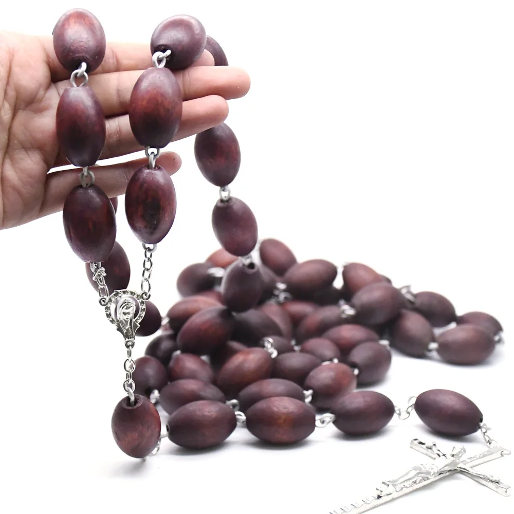 

Wine Red Jujube Beads Wall Hanging Rosary Necklace Religious Decoration Catholic Cross Church