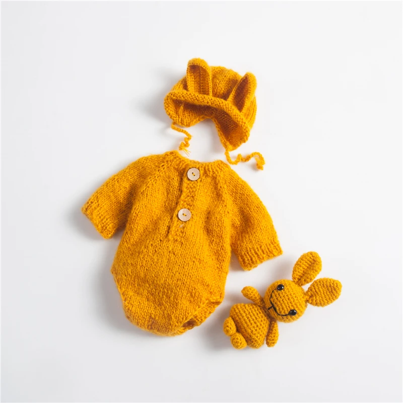 Adorable Bunny Newborn Baby Photo Clothing Costumes Yellow Romper Hat Rabbit Doll 3pcs Sets Studio Photography Clothing