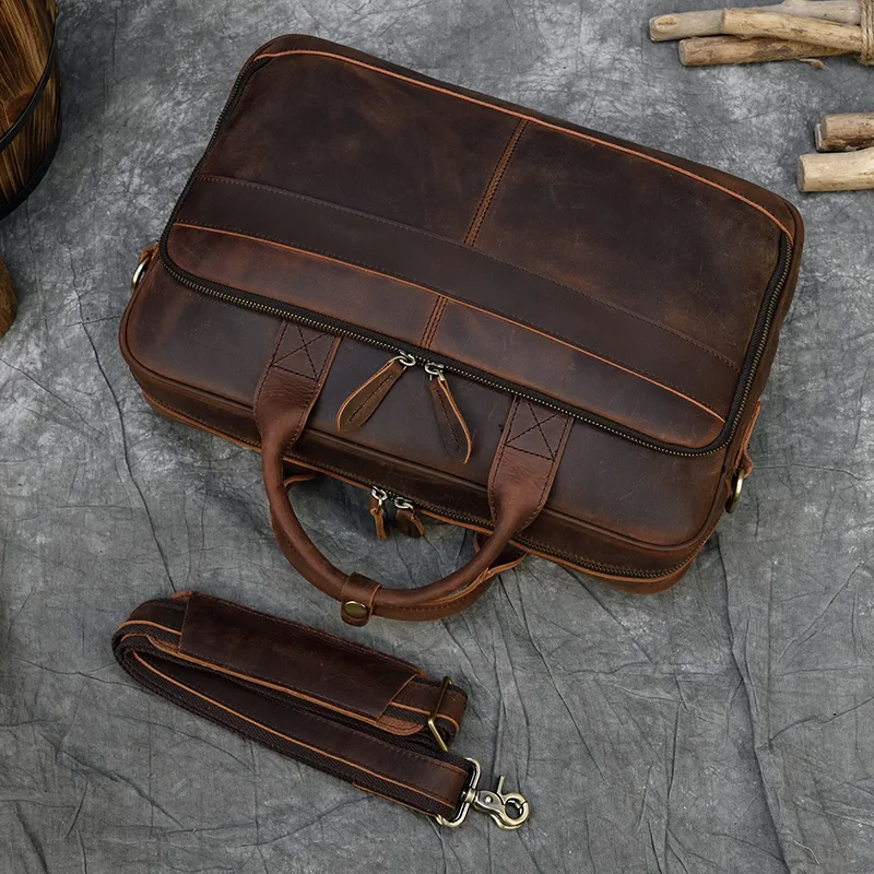 Men Briefcase Genuine Leather Laptop Bag 14 15.6" PC Doctor Lawyer Computer Bag Cowhide Male Briefcase Leather Men Business Bag