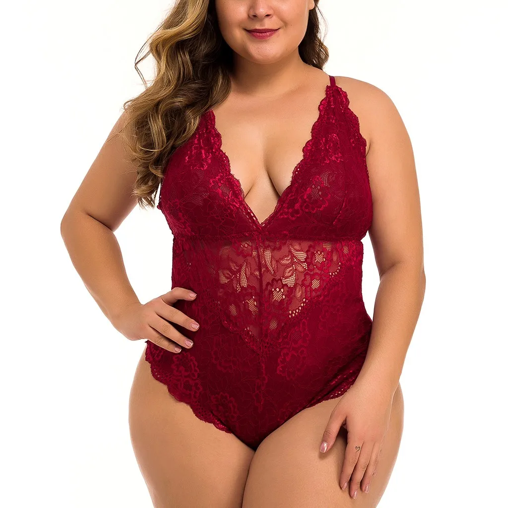 

Plus Size Lace Strappy Bodysuit Sexy Backless Jumpsuit Female Body Mesh Sheer Lace Cut-Out Teddy Push Up Bodysuits Babydoll #W