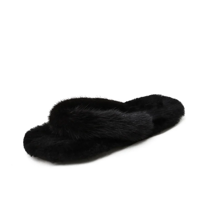 Warm Fluffy Slippers Women′s Comfortable 100% Mink Fur Cross Indoor Floor Slippers Flat Soft Fur Shoes Ladies Flip Flops