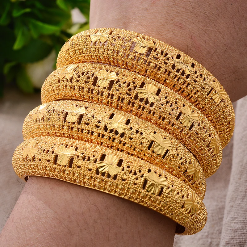 24K 4Pcs/lot Dubai Ethiopian Gold Color Coin Cuff Bangles For Women Wife Wedding  Jewelry Bangles&Bracelet Gifts