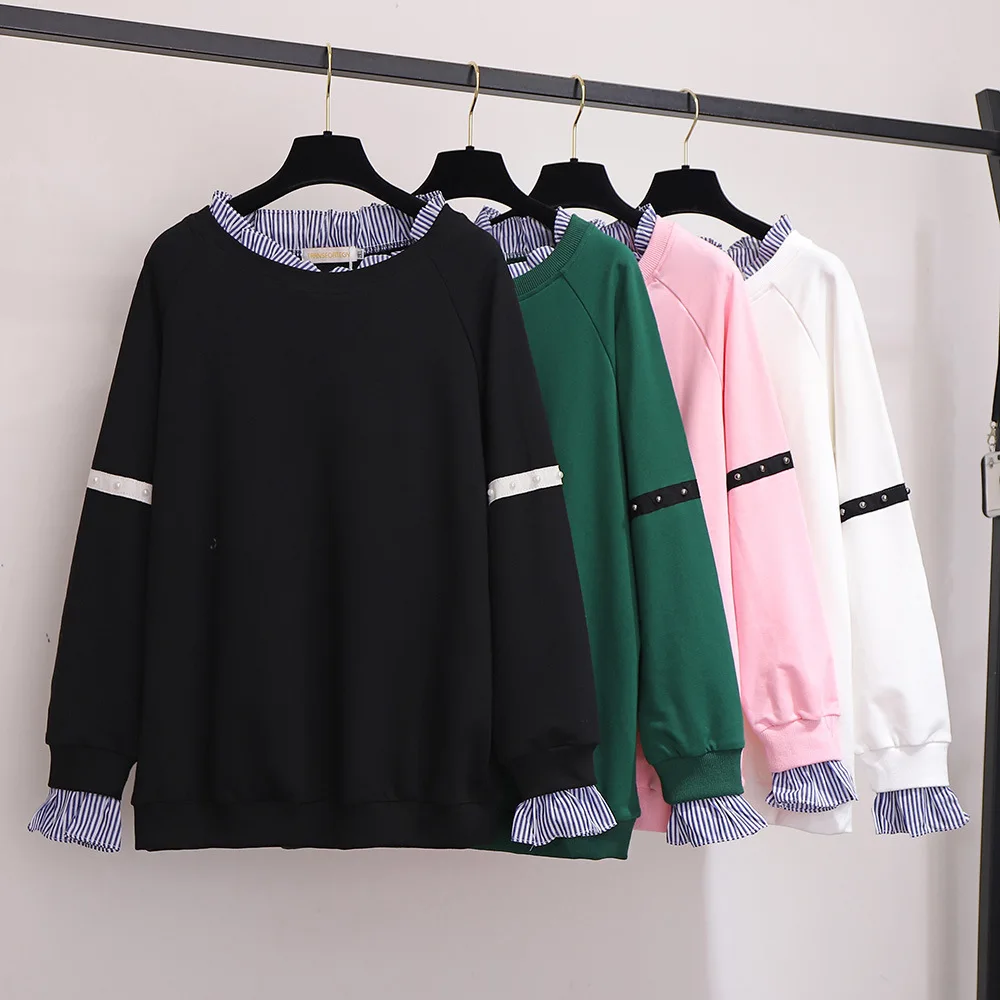 

6193 Autumn Winter Women Sweatshirt Patchwork Rivet Fake Two-Piece Fashion Casual All-Matching Thicken Warm Female Pullover Tide