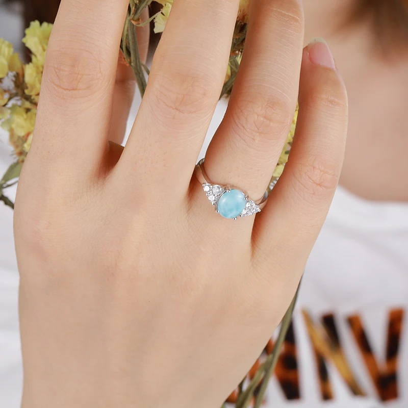 Zircon 925 Sterling Silver Natural Stone Larimar Proposal Ring Women Design Classic Simple Female Wedding LOVE Jewelry Dating