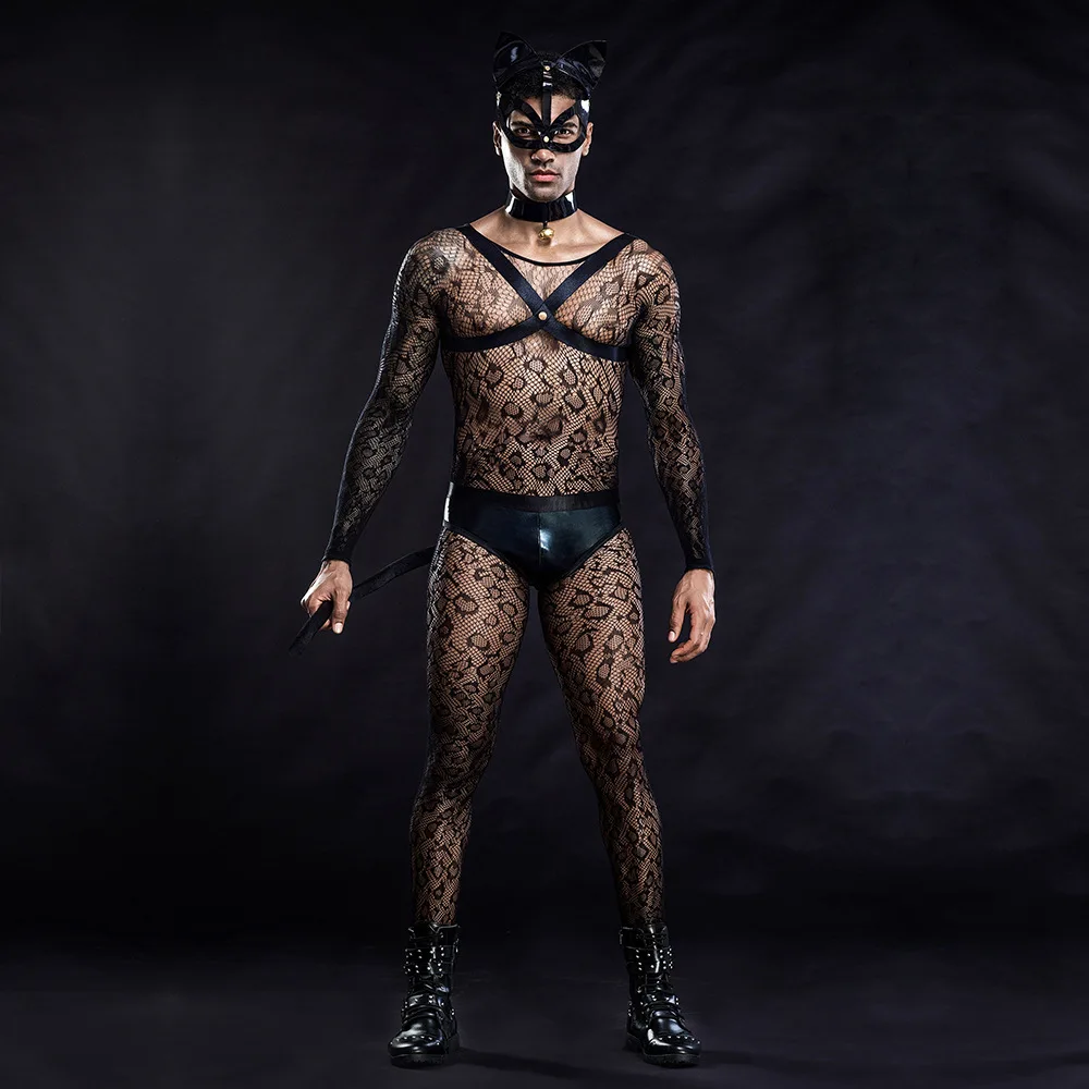 Mens Role Play Sexy Mesh Cat Uniform Set Cosplay Gay Bar Dance Perform Costume Outfit