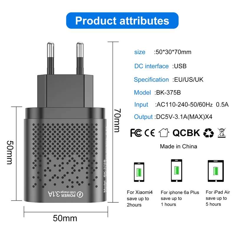 USLION 3.1A USB Charger EU US UK Adapter Fast Charger For iphone Samsung Huawei Xiaomi POCO Realme Wall Charger 4 Ports Quick image 6