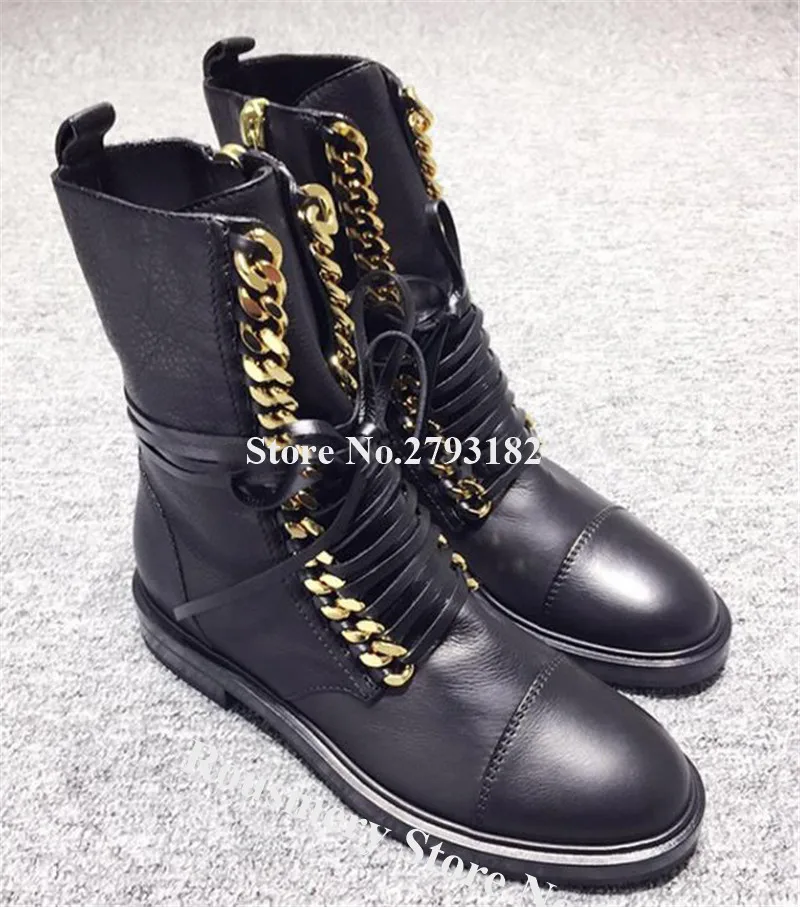 Top Brand Design Women Winter Round Toe Gold Silver Chains Decorated Flat Short Boots Lace-up Black Leather Ankle Booties