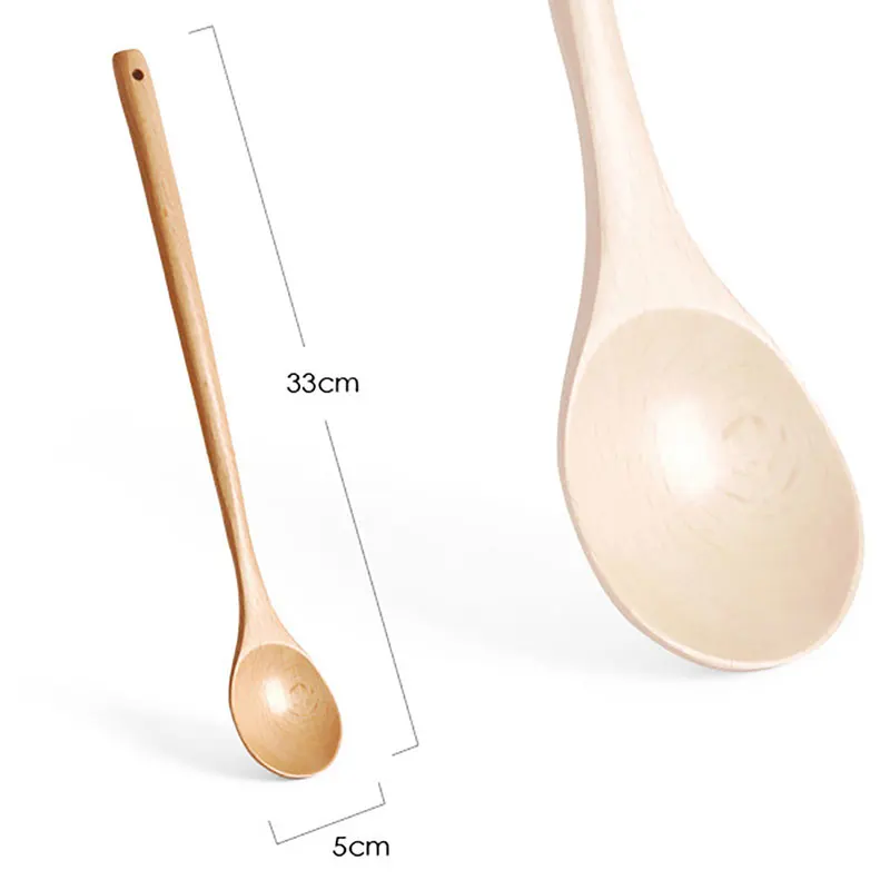 For Kitchen Wooden Lengthened Cooking Spoon, Kitchen Cooking Utensil Tool Long-Handled Wooden Spoon For Mixing Cooking  Natural