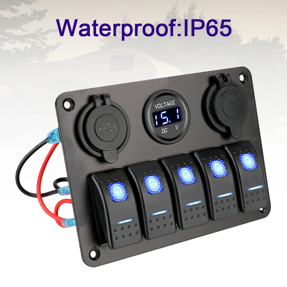 5 Gang LED Rocker Switch Panel 12/24V Outlet Combination With Fuse Waterproof Digital Voltage Dual USB Slot Socket