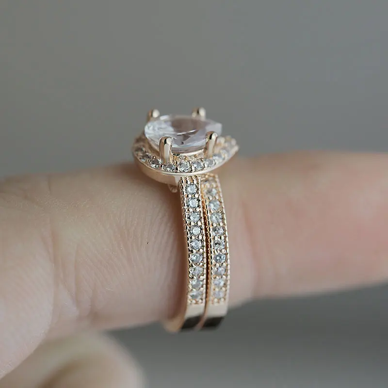 Huitan AAA Zircon Stone Micro Paved Bridal Ring Sets Romantic Rose Gold Color Engagement Rings Wholesale Lots&Bulk Midi Rings