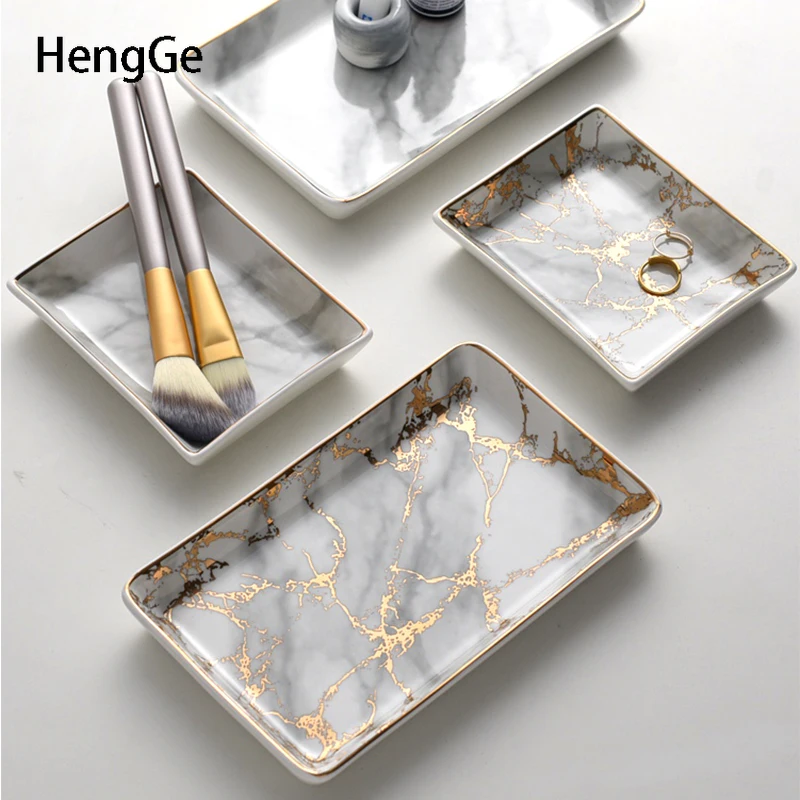 Nordic Square Ceramic Trays Decorative Golden Marble Texture Decoration Golden Stroke Tableware Storage Trays Cosmetic Container