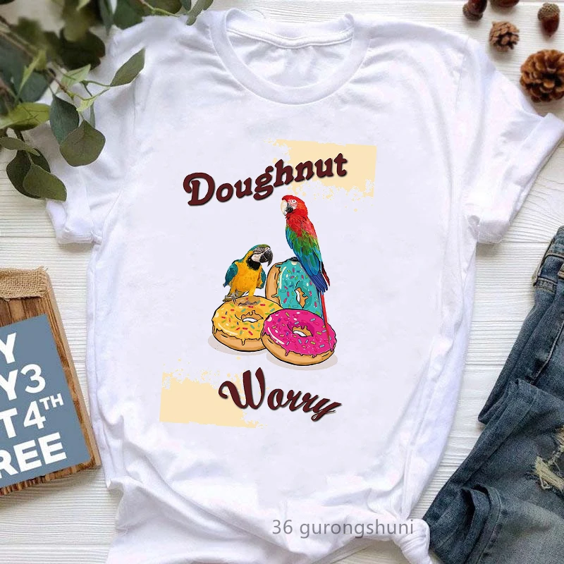 Cockatiel Parrot Love Ice Cream Graphic Print T-Shirt Women\'S Clothing Funny White Tshirt Femme Harajuku Kawaii Clothes Tops
