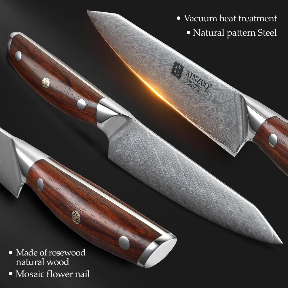 XINZUO 5\'\' inch Utility Knife 67 Layers Damascus Steel Kitchen Utensil Knife Sharp Blade For Fruit Peeling with Rosewood Handle