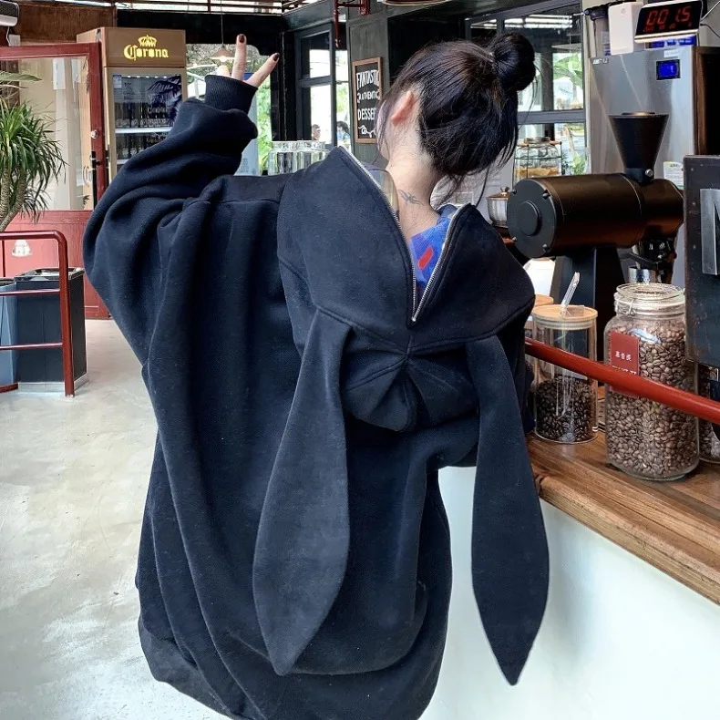 Women Zip-up Oversized Loose Hoodies Solid Color Drop Shoulder Long Big Rabbit Ears Hooded Sweatshirt Funny Kawaii Streetwear