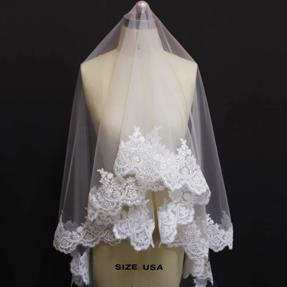 High Quality Neat Lace Wedding Veil with Bling Sequins Bridal Veil WITHOUT Comb 2 Meters Long Cover Face White Ivory Veil