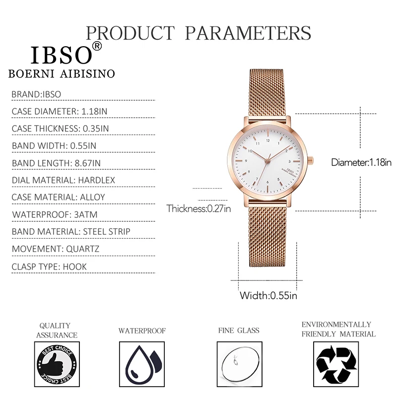 IBSO Brand Women‘s Watch Fashion Rose Gold Color Quartz Watch Femme Mesh Band Wrist Watch Japan Movement Relogio Feminino