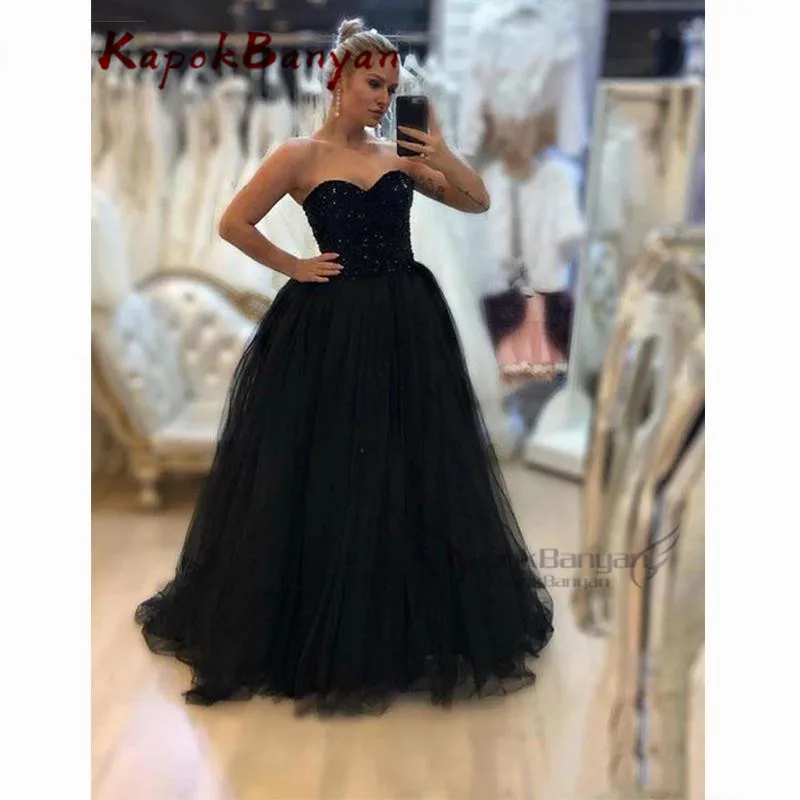 Vestido de festa clássico com babados, vestido de baile preto com miçangas, corpete, babados, tule, vestido formal