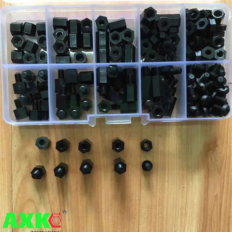 AXK 200Pcs/set M2 M2.5 M3 M4 Black/White Hex Nylon Standoff Spacer Column Flat Head Nylon Plastic Spacing Screws Nuts