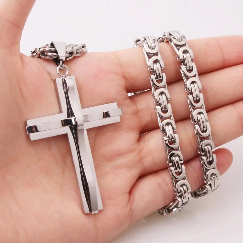 

Goth Boys Men Silver Color Stainless Steel Crucifix Cross Pendant Necklace for Women 6mm Byzantine Chain Friends Jewelry Gift