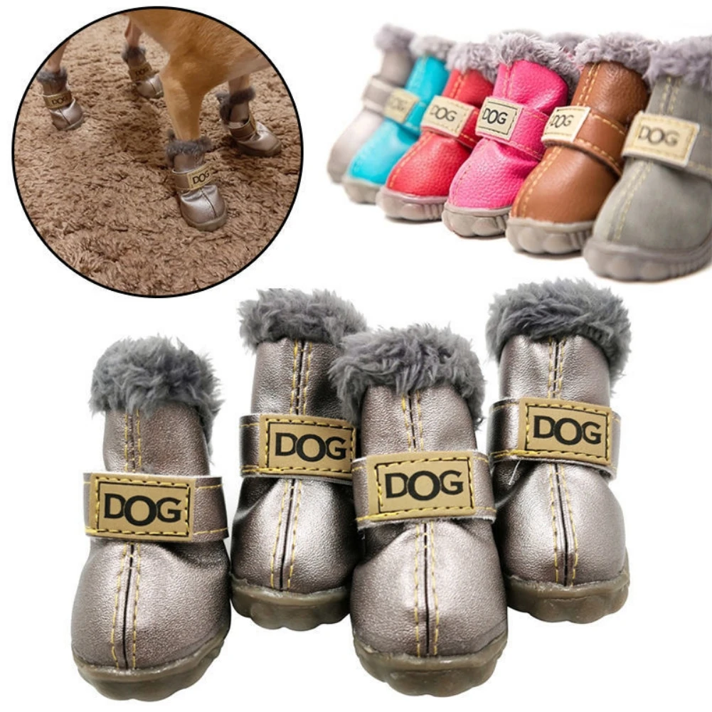 4 Pcs/set Winter Pet Dog Shoes for Small Dogs Cats Fleece Super Warm PU Dog Snow Boots Waterproof Puppy Chihuahua Teddy Shoes