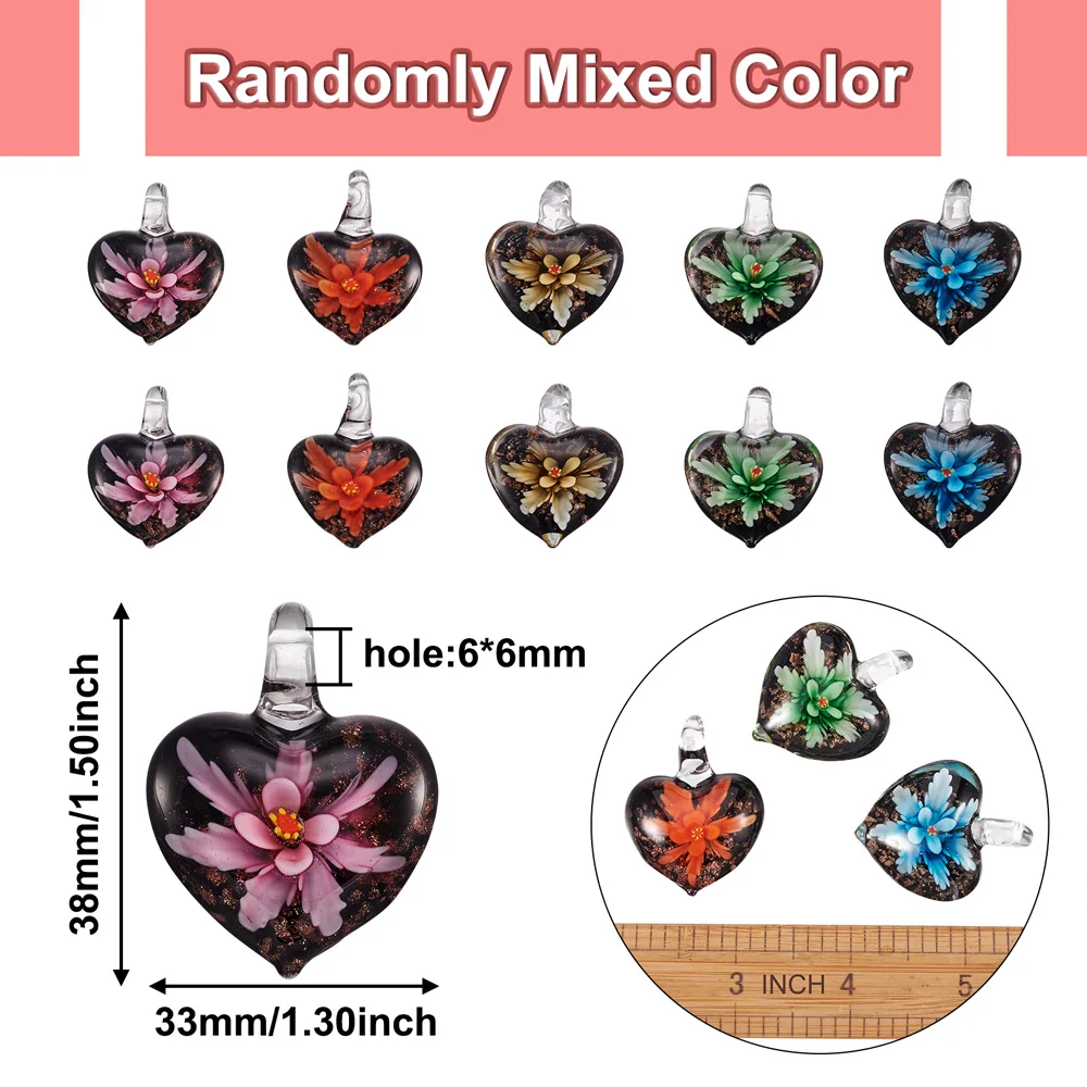 10pcs Murano Glass Heart Handmade Lampwork Pendants Inner Flower Lampwork Glass Charms for Necklace Jewelry Making Gifts