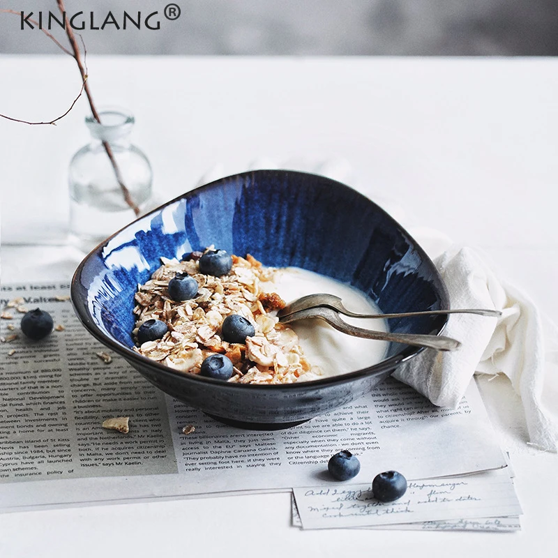 KINGLANG 1Pcs  New Klin Glaze Blue Color Ceramic Tableware Wholesale Flat Plate Deep Steak Dish Breakfast Dinner Plate Big Bowl