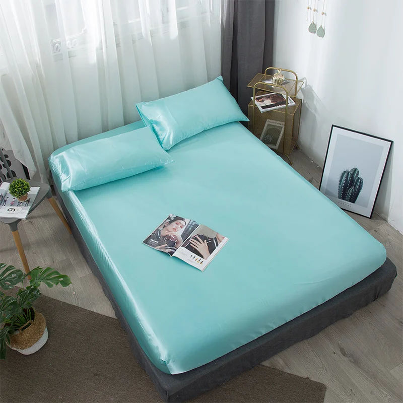 Satin Silk Fitted Bed Sheet High-End Solid Color Mattress Cover Elastic Band Bed Sheet Bedsheet King Queen Size Sheets