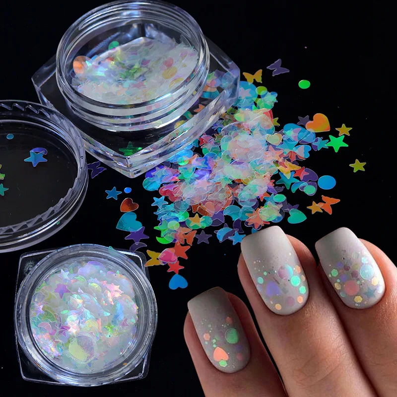 

1 Box Mixed Design Mermaid Nail Glitter Flakes Butterfly Star Round Shape Paillette Nail Art Polish Holographic Decor 839NS001