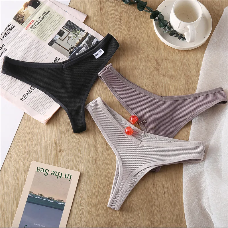 FINETOO Cotton Thongs Women Sexy V Waist G-String Comfortable Striped Thong Panties Women T-back Underpants M-XL Female Bikini