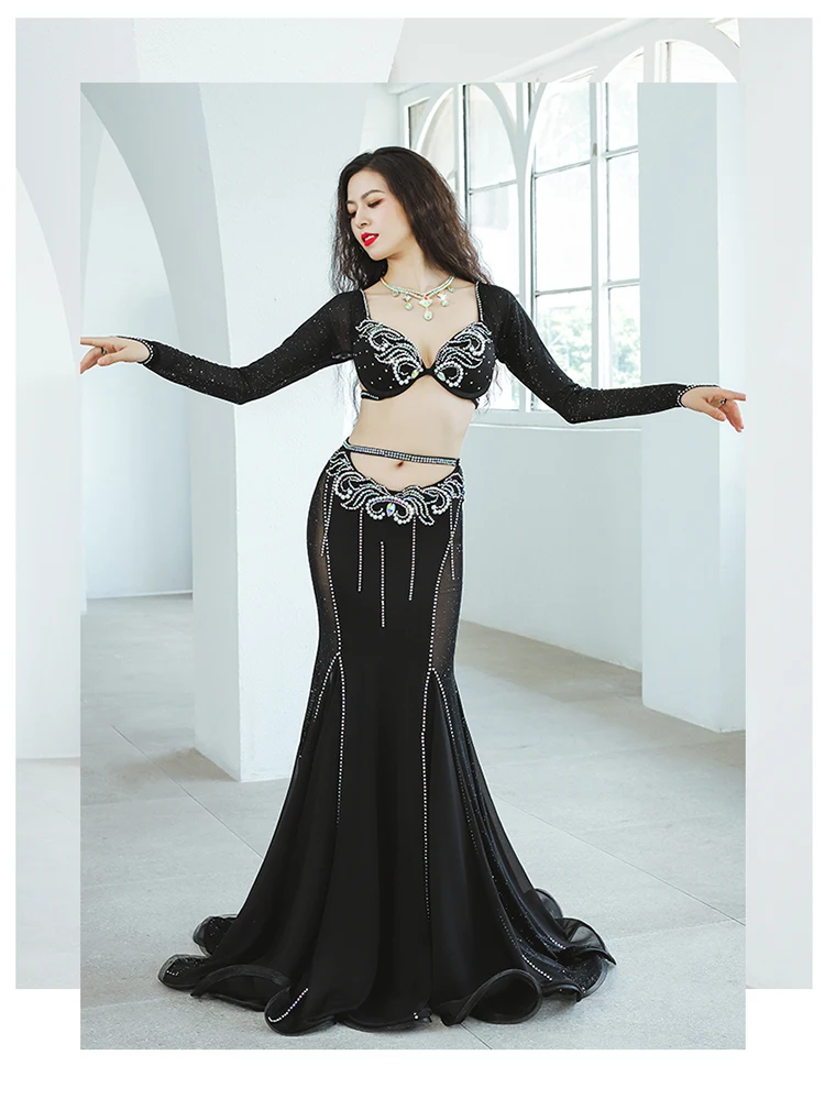 New Belly Dance Performance Costume Black Long Sleeve High Waist Hollow Fishtail Skirt Competition Performance dance Set