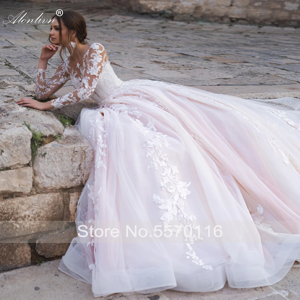 Alonlivn Gorgeous Scoop Neckline Of Candy Pink A Line Wedding Dress With Long Sleeve Buttons Closure