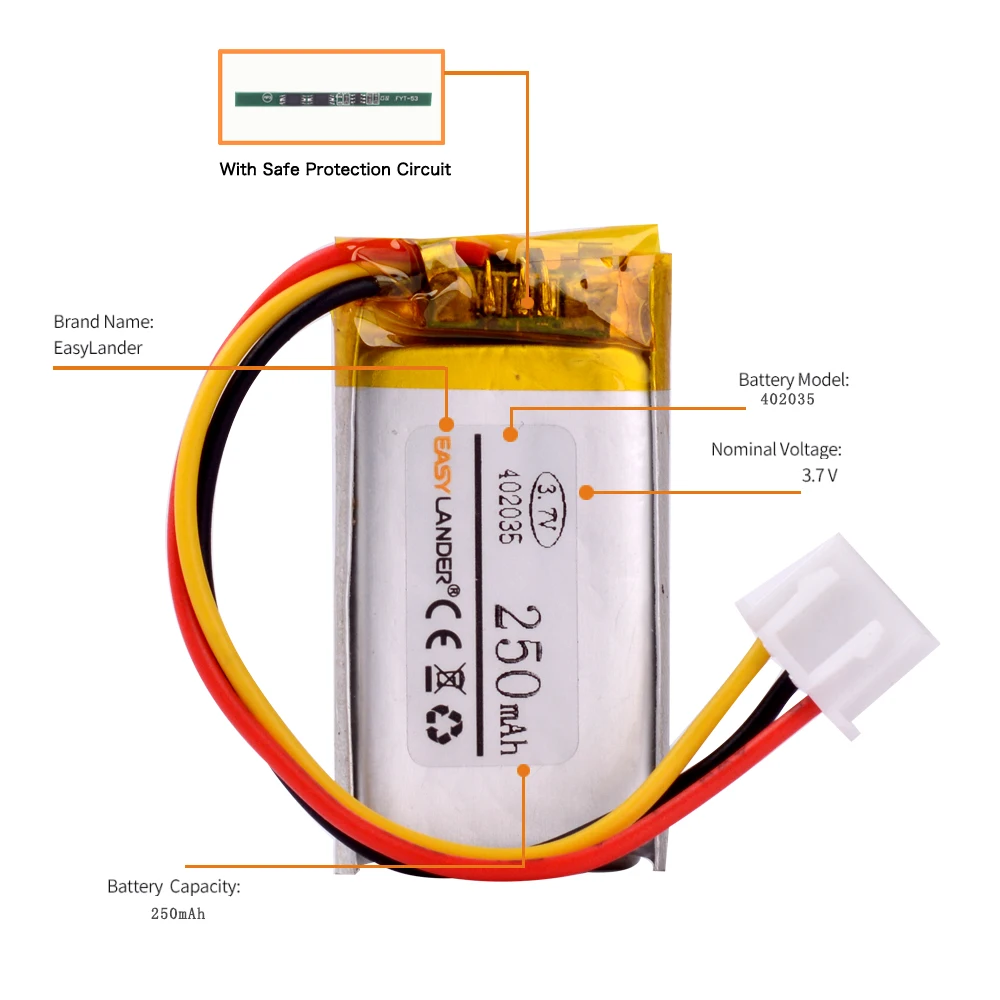 Bateria recarregável do polímero do Li-íon do lítio, 3.7V, 250mAh, 402035, JST, XHR, 2,54 milímetros, 3Pin, GPS, Mp3, Registrar, Xiaomi DVR