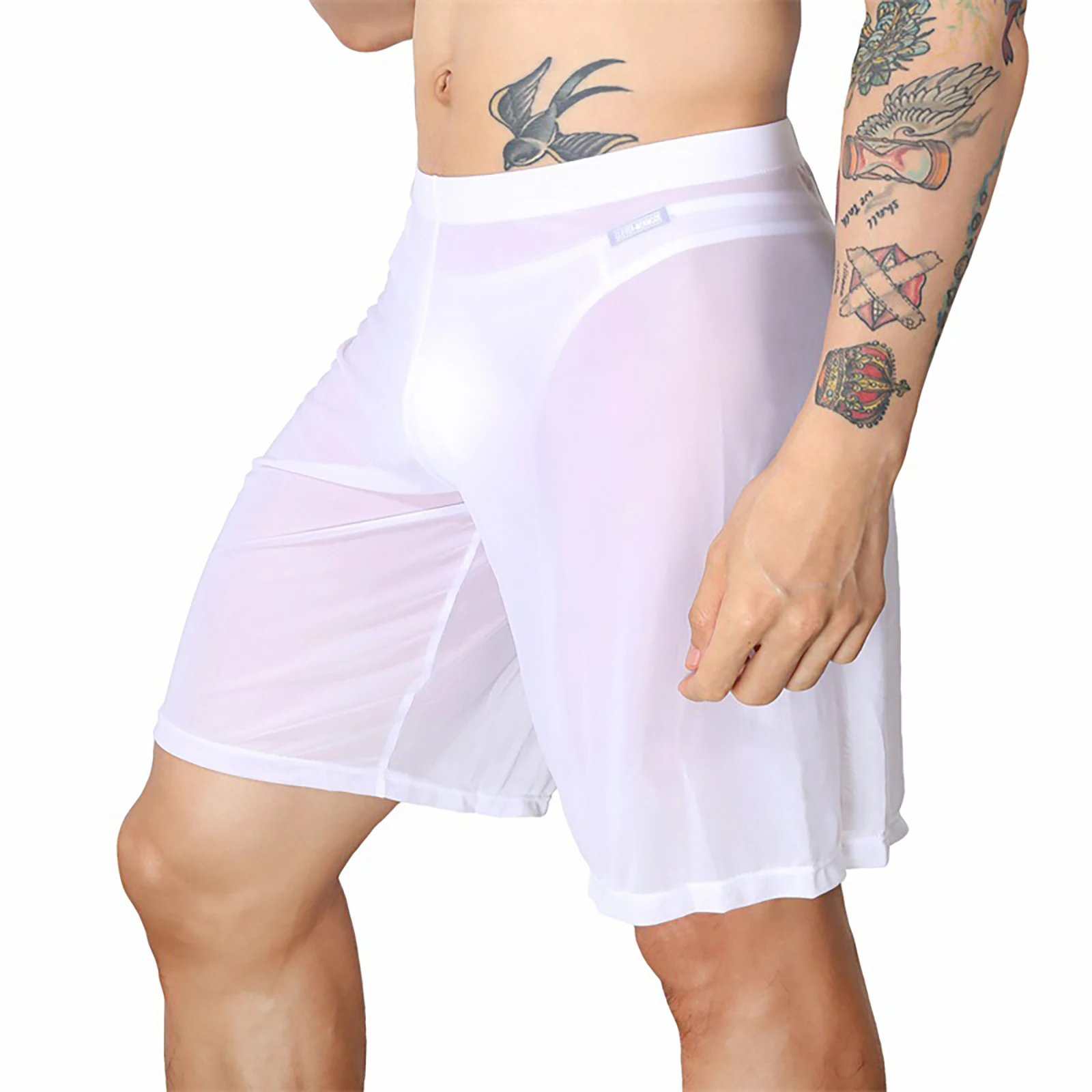 Men White Elastic Waistband See-Through Mesh Pajamas Sleep Shorts Sleeping Bottoms Underwear Sleepwear Loungewear