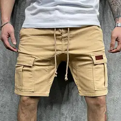 Pantalones cortos de carga para hombre, Shorts informales de verano, con múltiples bolsillos, con cordón, hasta la rodilla